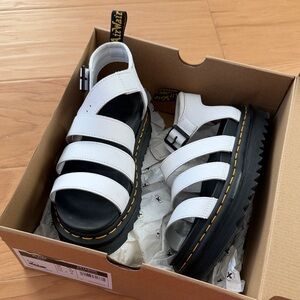 Dr. Martens  Blaire Hydro Leather White Strappy Sandals with Black Soles